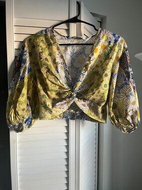 Zara Yellow & Green Floral Twist-Front Crop Top